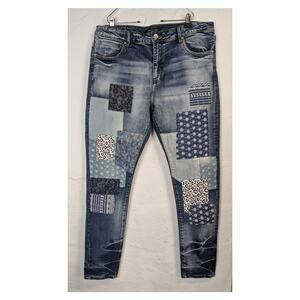 NWT Embellish NYC Jeans Patchwork Denim Mens 40 Blue Distressed Slim Stretch